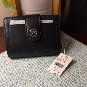Michael Kors Black Leather MK Logo Card Wallet with Gold Accent